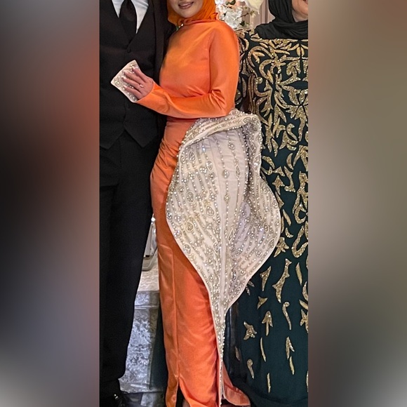 Orange evening dress gown- maxi long sleeve custom - Picture 7 of 8